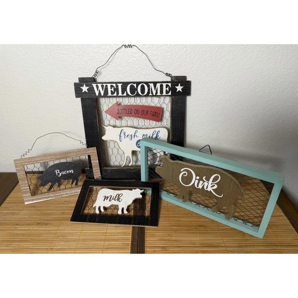 Farmhouse Hanging Wood Signs Wire Pig & Cow Rustic Distressed Decor Set Of 4